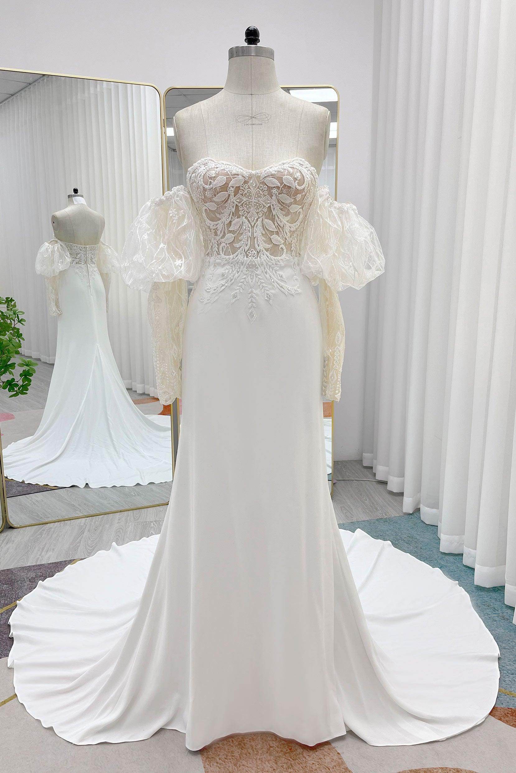 Trumpet-Mermaid Court Train Lace Stretch Satin Wedding Dress CW3266 - COCOMELODY